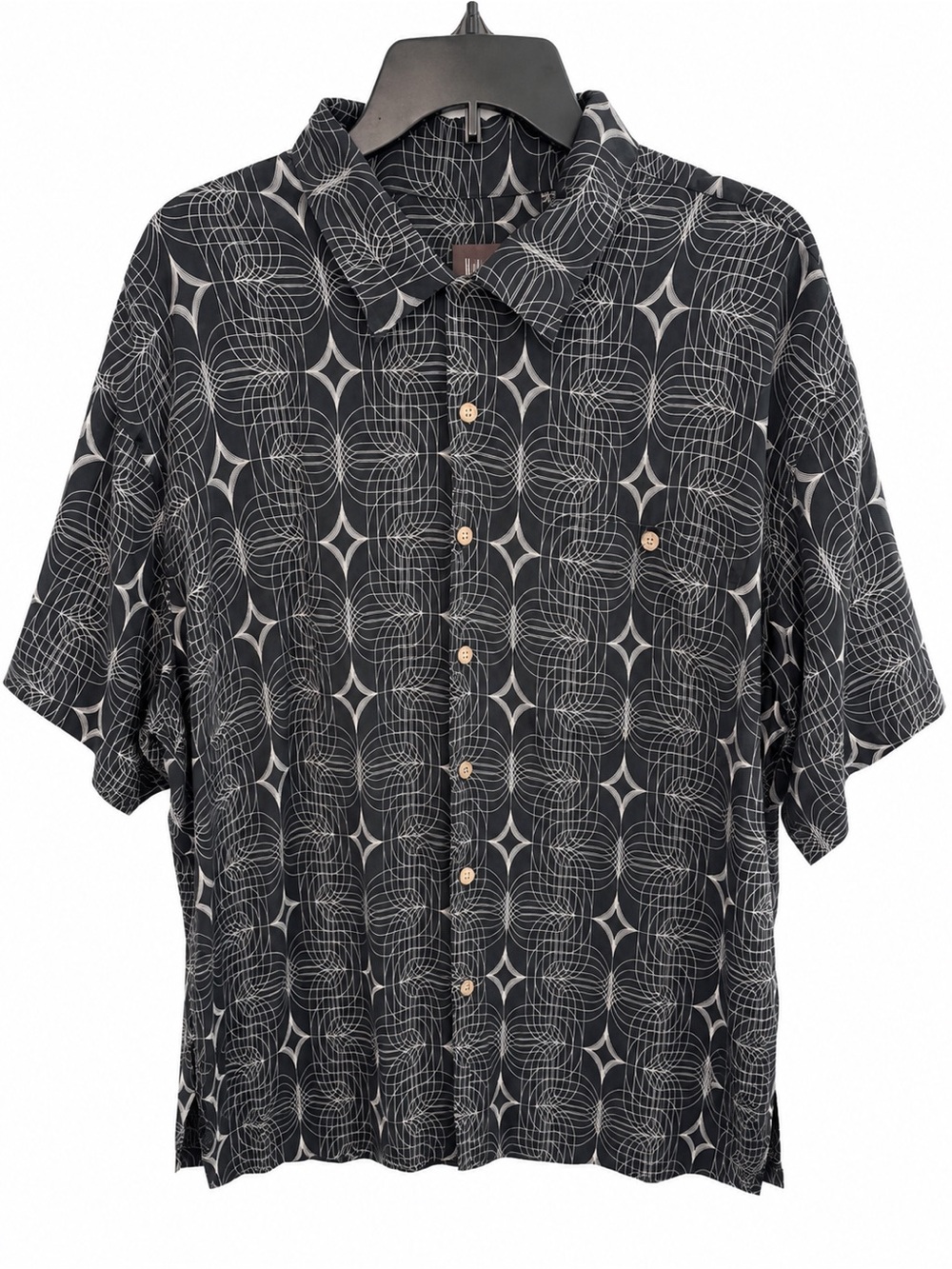 Neiman Marcus Men’s XL 100% Silk Black Geometric Short Sleeve Button Front